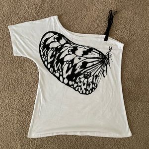 White shirt with black butterfly w/ strap.